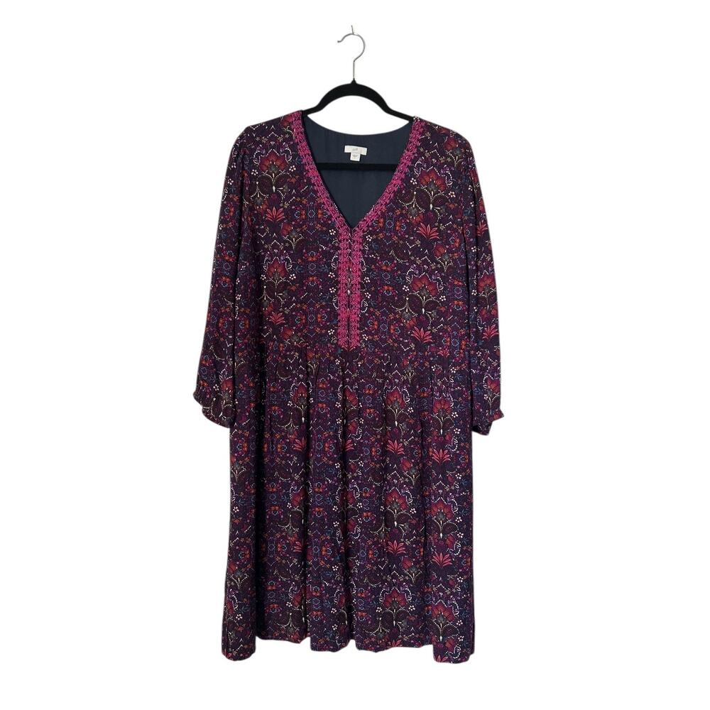 J. Jill East Village Dress L Purple Paisley Print Boho Peasant V-Neck 3/4 Sleeve
